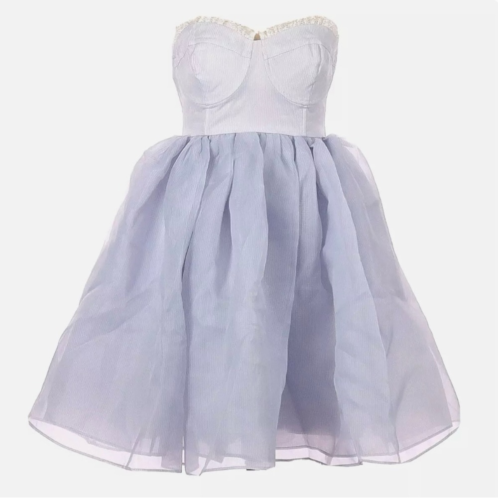 NWT Selkie Roccoco Corset in Blue Baby Pinstripe Strapless Puff Mini Dress
